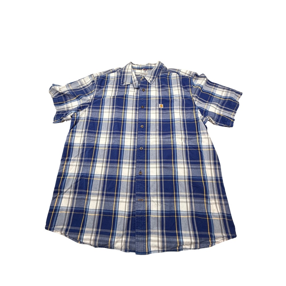 Carhartt Mens XL Relaxed Fit Plaid Short Sleeve Button Down Shirt Blue White